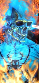 Fiery blue skeleton engulfed in orange flames, creating a bold phone wallpaper.