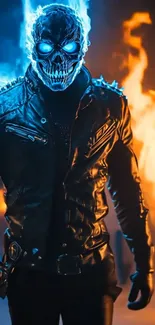 Flaming skull figure with fire backdrop.