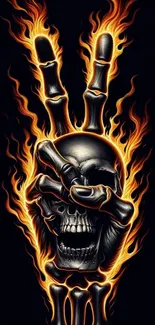 Mobile wallpaper featuring a flaming skull hand on a dark background.