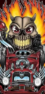 Flaming skull driving a hot rod with fiery background.