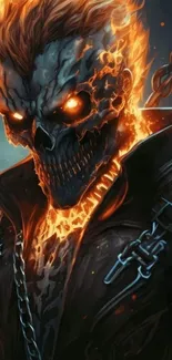 Fiery flaming skull mobile wallpaper with dark background.