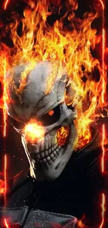 Fiery skeleton with flaming skull in dark background.