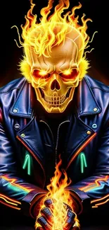 Vibrant flaming skull with neon jacket, fiery design, dark background.
