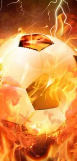 Flaming soccer ball amidst vibrant orange and yellow flames.