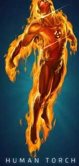 Flaming superhero in mid-air with fiery effects and blue background.