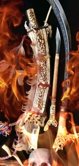 Flaming sword with tribal design and skull.