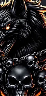 Fierce wolf with flaming skulls background art.