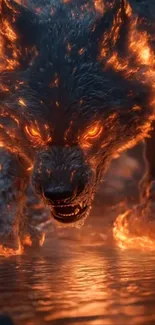 Fiery wolf with glowing orange flames in fantasy art.