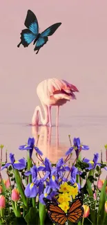 Flamingo with colorful flowers and butterflies in a serene scene.