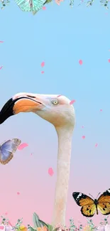 Flamingo surrounded by butterflies in nature design.