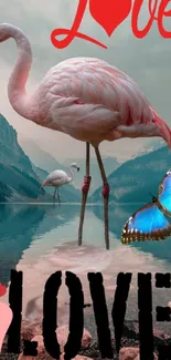 Flamingo and butterfly in a serene lakeside setting with love theme.