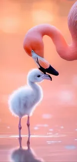 Graceful flamingo with chick in soft sunset hues.