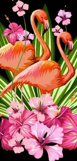 Colorful flamingos with pink hibiscus in vibrant artwork.