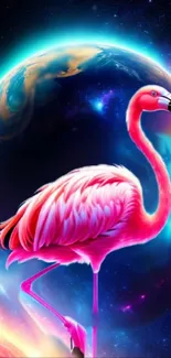 Vibrant wallpaper with flamingo and cosmic scene.