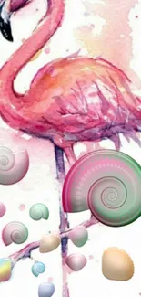 Artistic watercolor flamingo with seashells wallpaper.