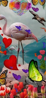 Flamingo and hearts with lake and mountains in vibrant wallpaper.