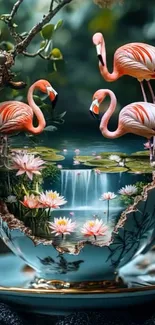 Vibrant flamingos in a teacup with a waterfall.