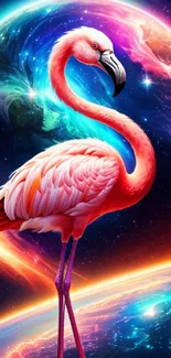 Surreal flamingo in vibrant galaxy with neon colors, stars, and cosmic backdrop.