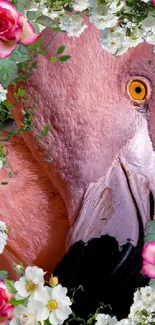 Mobile wallpaper featuring a flamingo among roses and greenery.