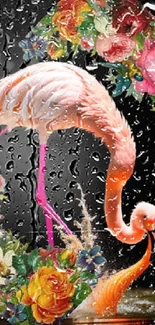 Artistic flamingo with vibrant floral accents on a black background.