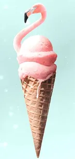 Illustrative image of a flamingo ice cream cone on a mint background.