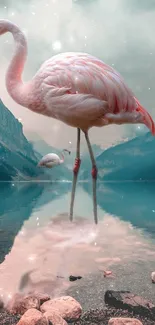 Flamingo standing in a serene mountain lake with rocky shore.