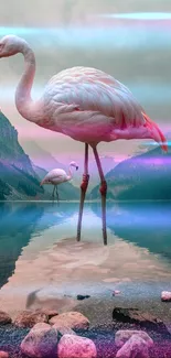 Flamingo standing in turquoise lake with mountain backdrop.