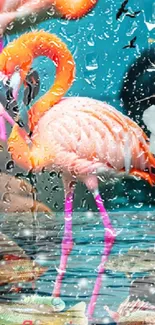 Colorful flamingo in tropical water with flowers and fish.