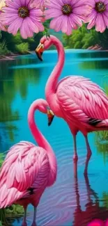 Colorful pink flamingos by a serene lake with flowers.