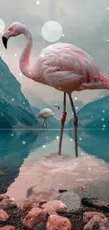 Elegant flamingo in misty mountain lake scene.