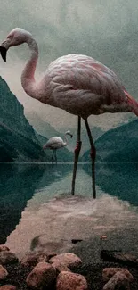 Flamingos stand gracefully in a tranquil mountain lake.