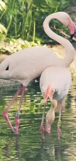 Two elegant flamingos in a lush, green setting, exuding tranquility.