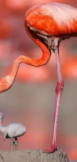 Flamingo feeding its chick in nature scene wallpaper.