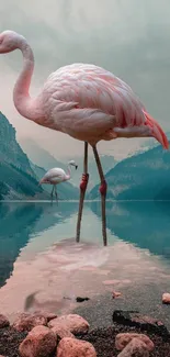 Flamingos standing gracefully by a tranquil mountain lake.