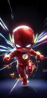 Chibi Flash superhero with lightning bolts, action-packed wallpaper.