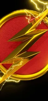 Flash symbol with golden lightning on a vibrant red background.