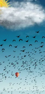 A sky filled with birds, a sun, and a hot air balloon over a serene landscape.