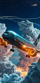 Jet flying through vibrant clouds at sunset.