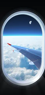 View of airplane wing and moon through window, surrounded by clouds and sky.