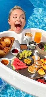 Woman enjoying a floating breakfast tray in a pool.