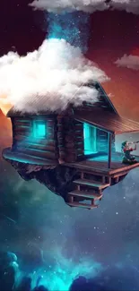 A floating wooden cabin amidst clouds and cosmic colors.