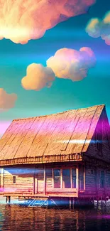 Floating wooden cabin under pink clouds on a vibrant blue sky.