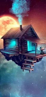 Floating cabin with glowing windows in a cosmic sky.