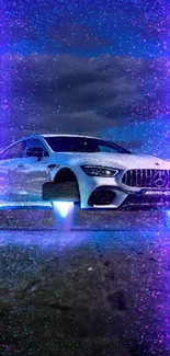 Floating futuristic car with glowing blue lights under a dark night sky.