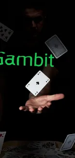 Floating playing cards with a dark background and green text.