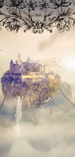 Fantasy castle floating in clouds with chains and floral design.