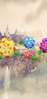 Fantasy wallpaper with floating castle and colorful floral design.