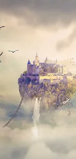 A floating castle surrounded by clouds and birds in a fantasy art scene.