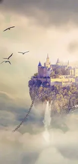 Floating castle above clouds with birds, fantasy art.