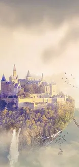 Floating castle with chains in fantasy art wallpaper.